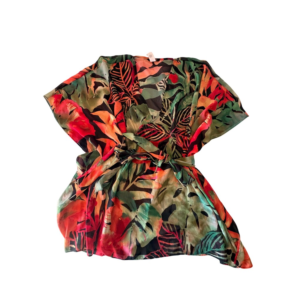 Lauren Ralph Lauren Swim cover Tropical Leaf Chiffon Kaftan Top L/XL Multicolor